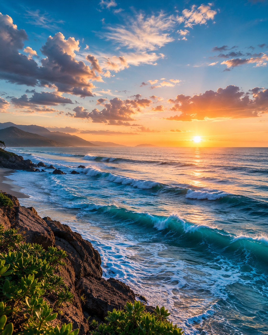 Mar ao pôr do sol com céu iluminado